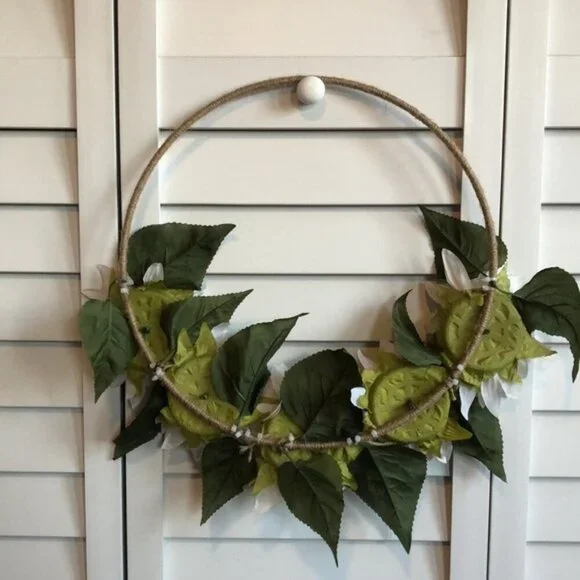 Off-White Sparkle Sunflower Leaf Floral Decor Spring Twine Tweed Hoop Wreath - Picture 4 of 4